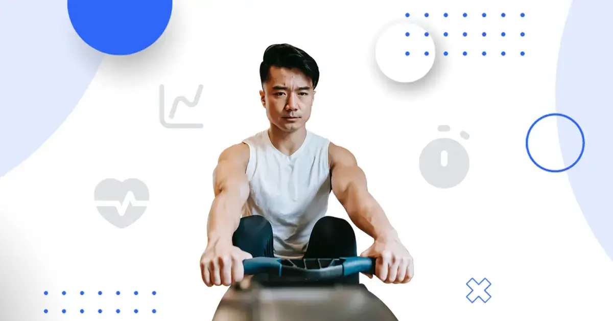 Indoor rower pulling handle to chest at the top of their stroke, surrounded by mathmatical symbols