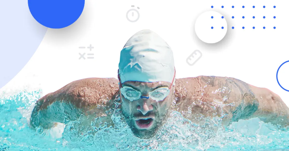 Professional swimmer rising out of the water surrounded by timer, ruler, and mathmatical symbols