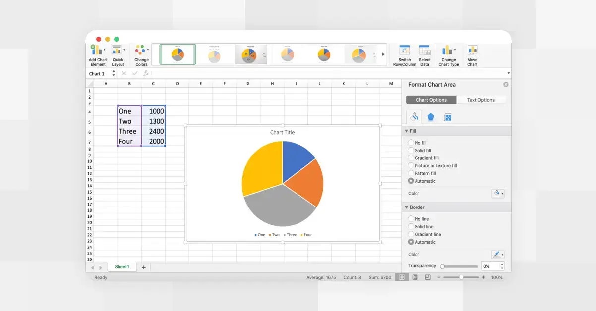 A browser window of creating a pie chart in Excel