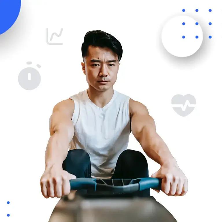 Indoor rower pulling handle to chest at the top of their stroke, surrounded by mathmatical symbols